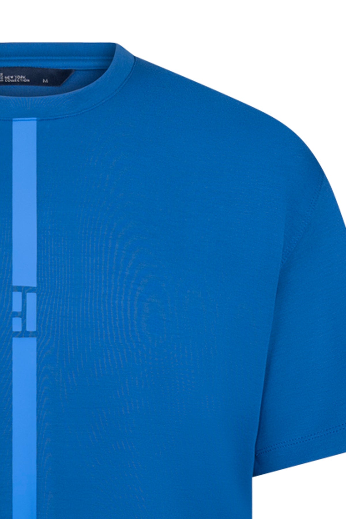 Bright blue short-sleeved t-shirt with a vertical light blue stripe and logo on the left side.