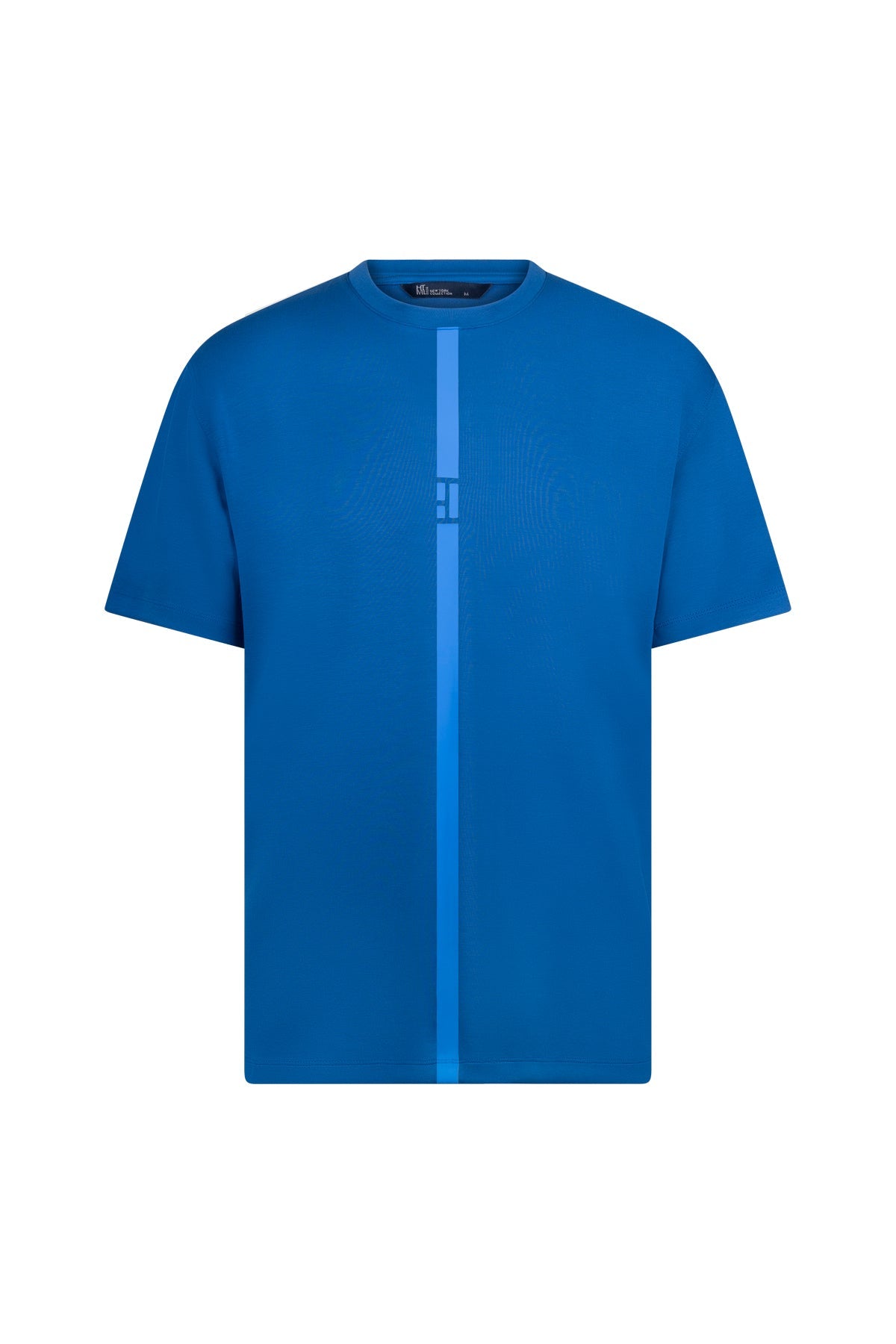 A vibrant royal blue short-sleeved t-shirt featuring a subtle vertical stripe down the center.