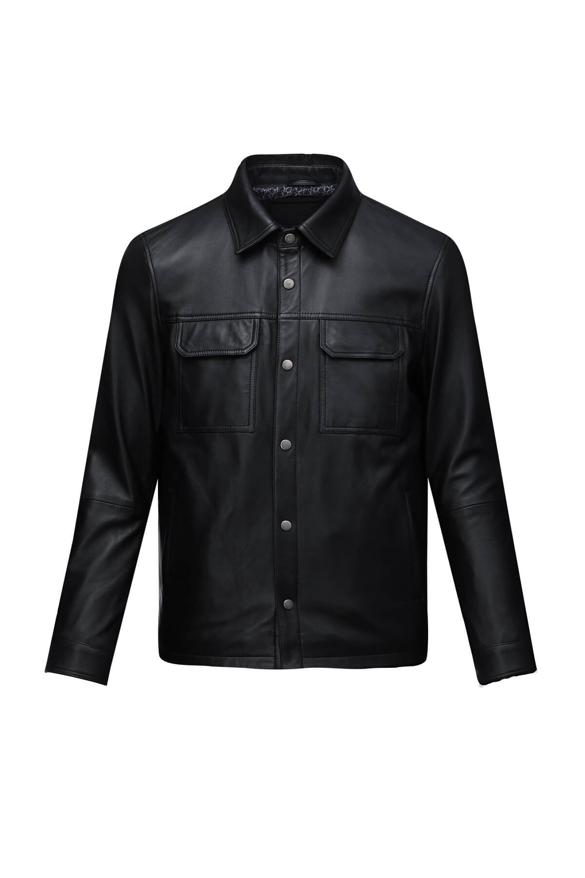 Black leather button-up jacket with two chest pockets and a classic collar.
