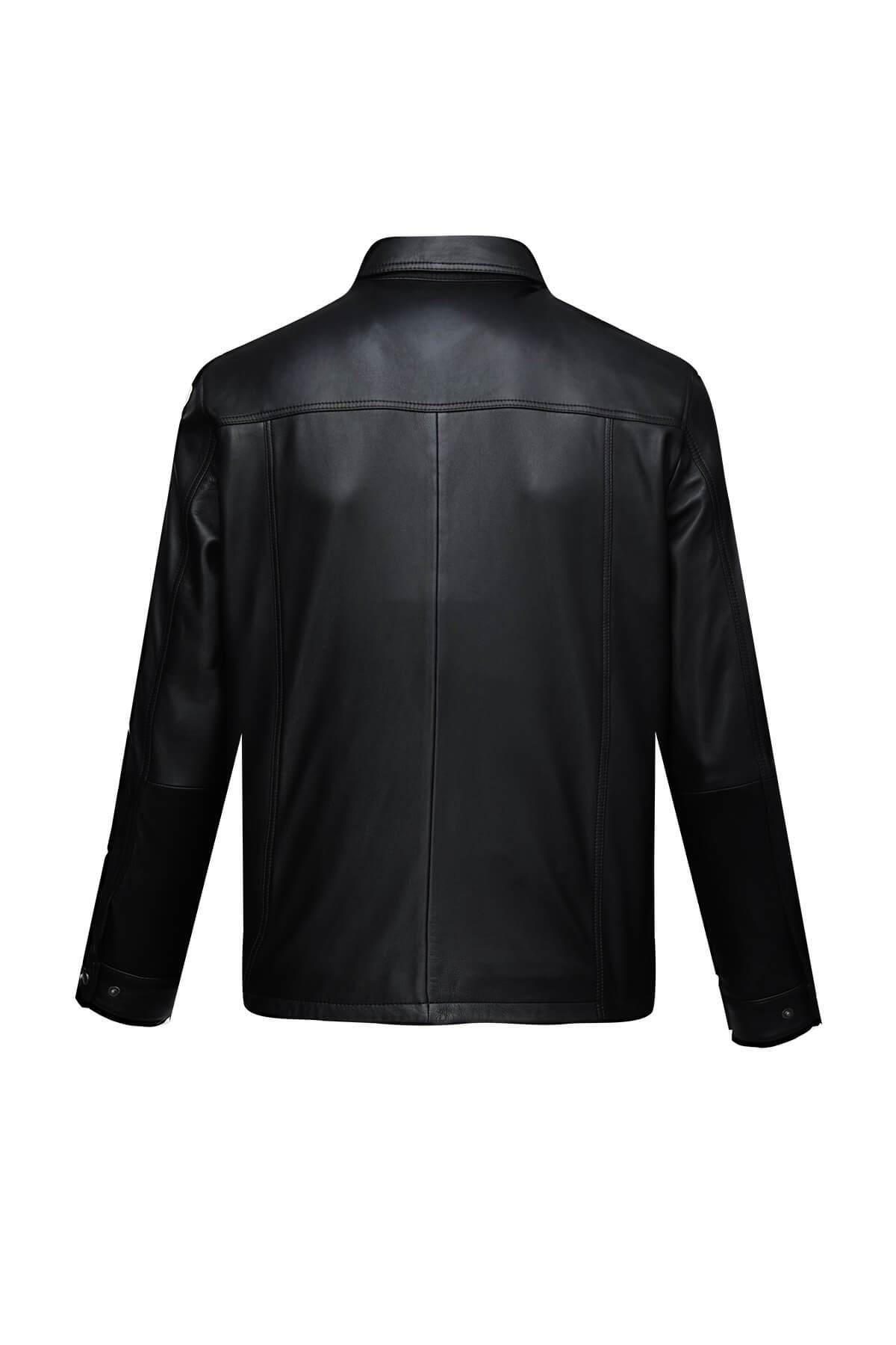 Black leather jacket with a classic collar and seam detailing.