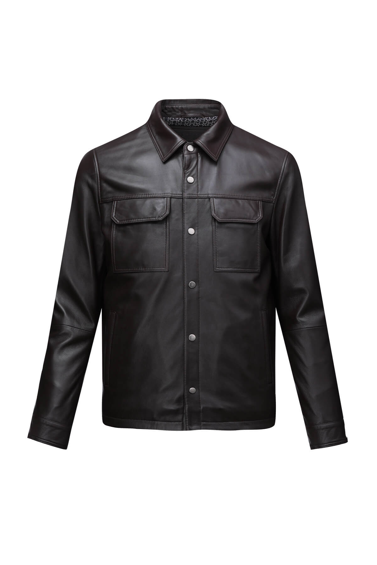 Black leather button-up jacket with two chest pockets and a collar.