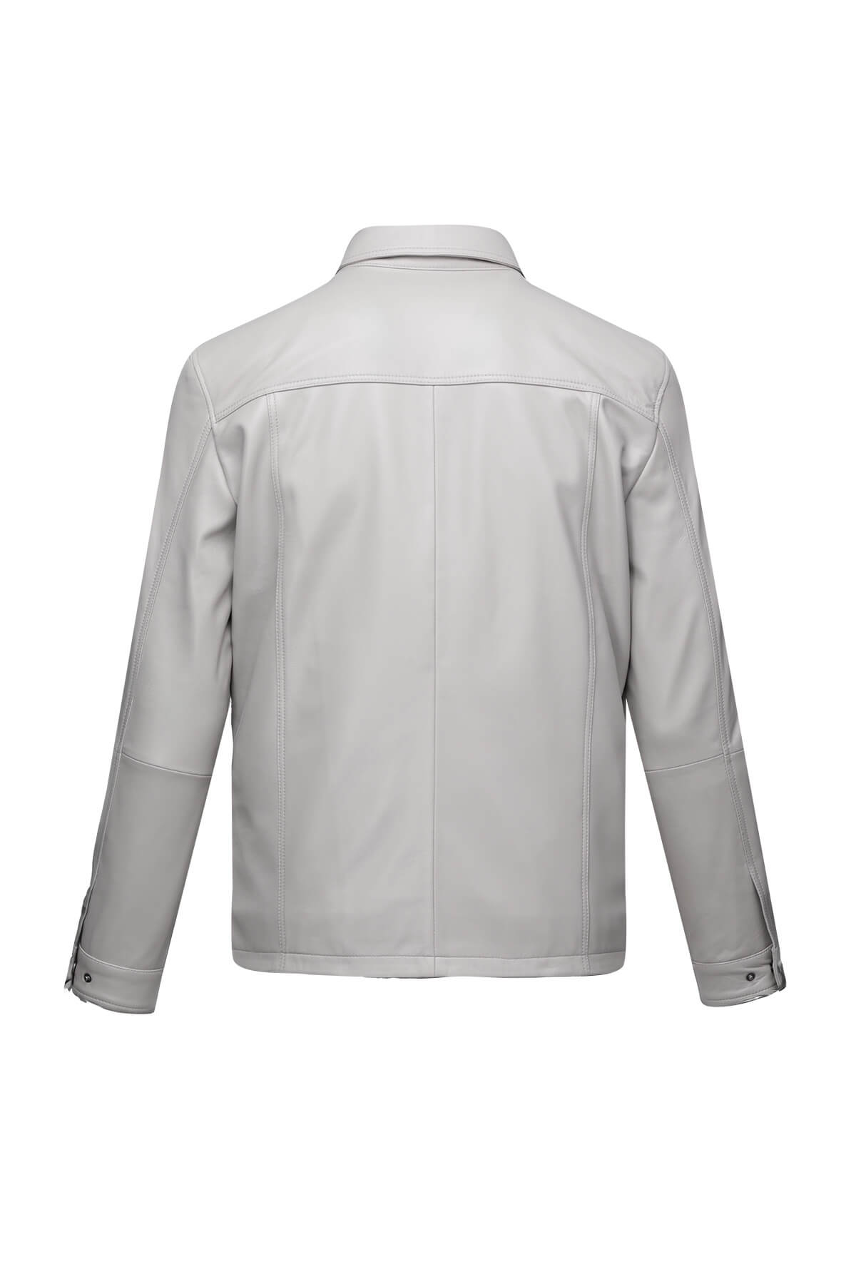 A sleek, light gray leather jacket with a classic collar and subtle stitching details.
