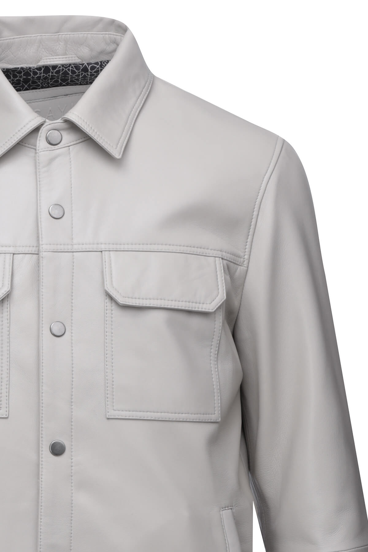 Light gray leather button-up shirt with two front pockets and a subtle patterned inner collar lining.