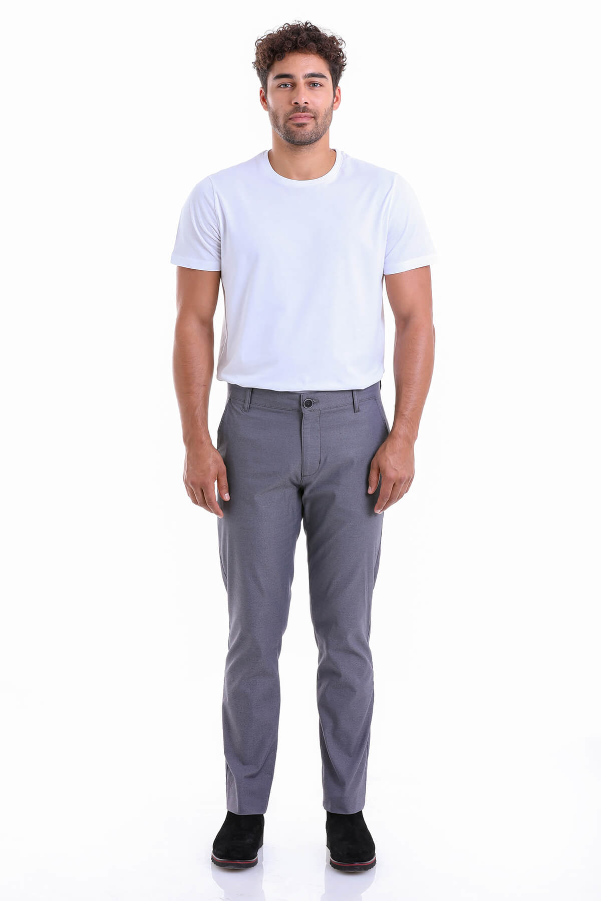 Regular Fit Side Pocket High Waist Gray Cotton Casual Pants