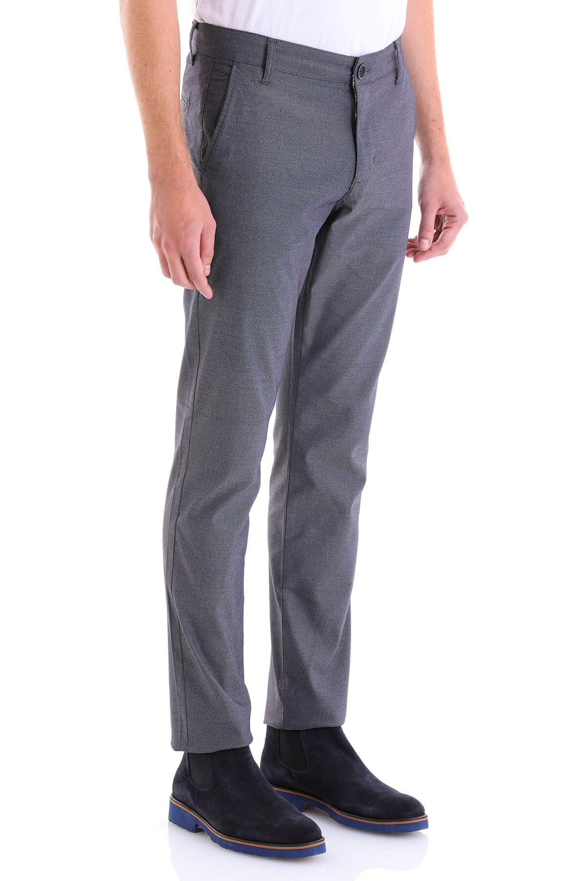 Gray slim-fit chinos with a subtle textured weave and classic tapered legs.