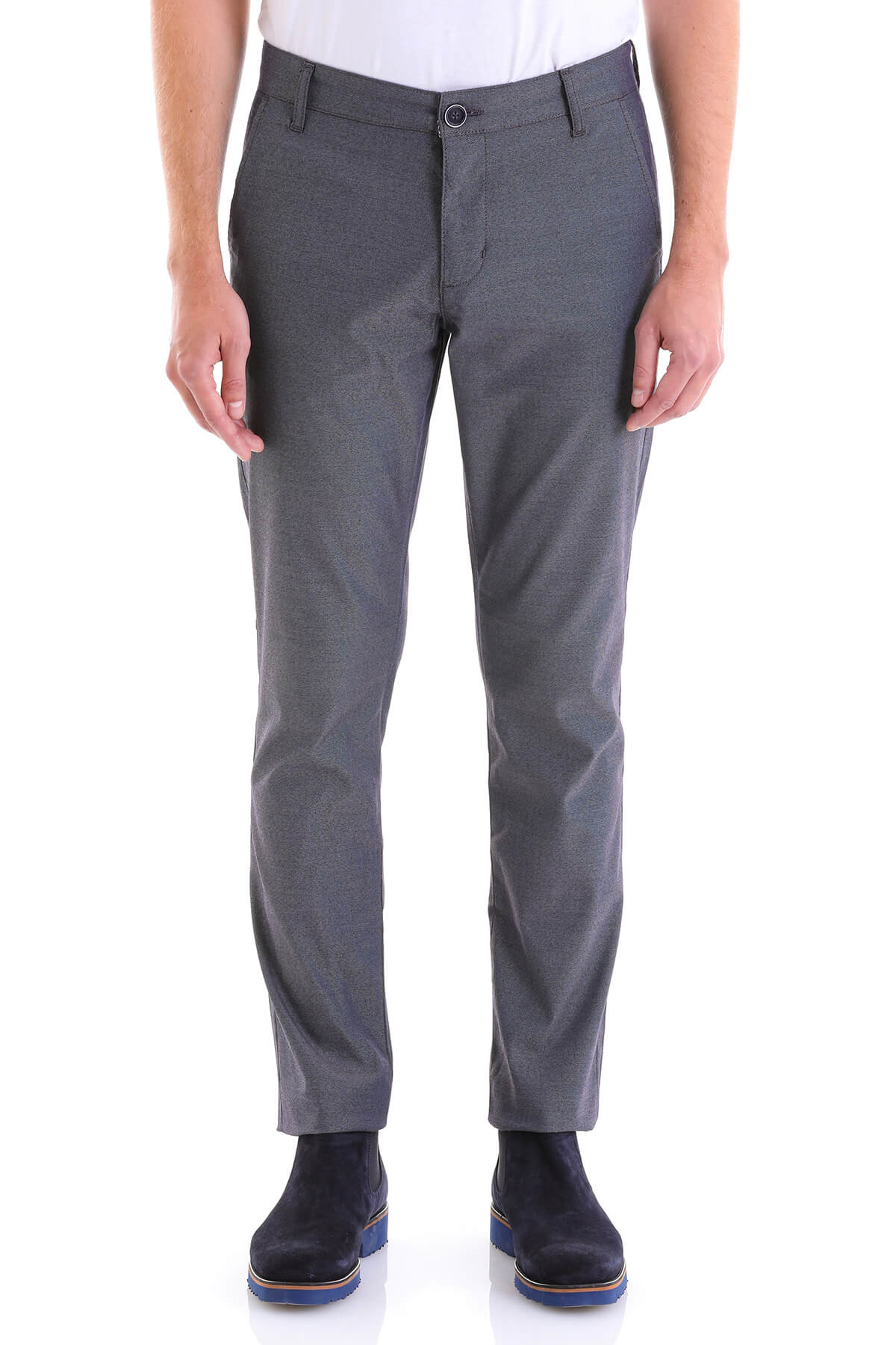 Dark gray slim-fit chinos with a subtle textured weave and classic belt loops.