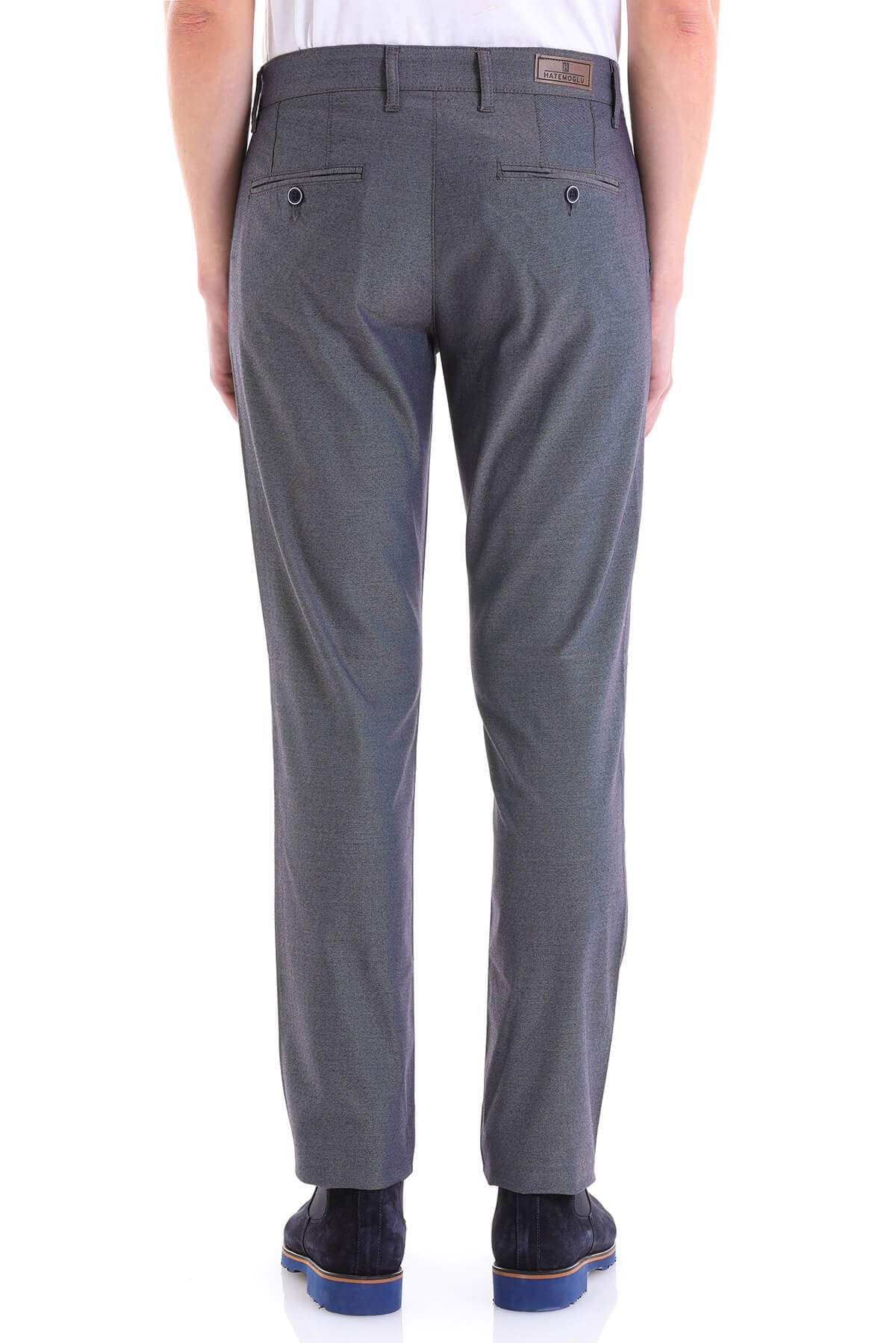 Dark gray textured men’s dress pants with a subtle pattern and belt loops.