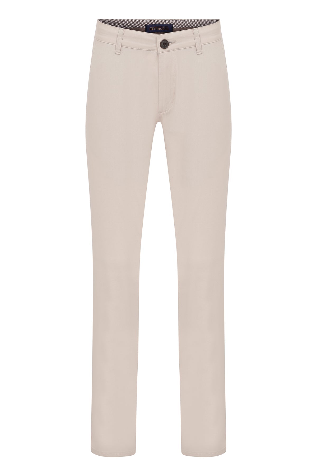 Beige chino trousers with a subtle texture and a dark brown button at the waistband.