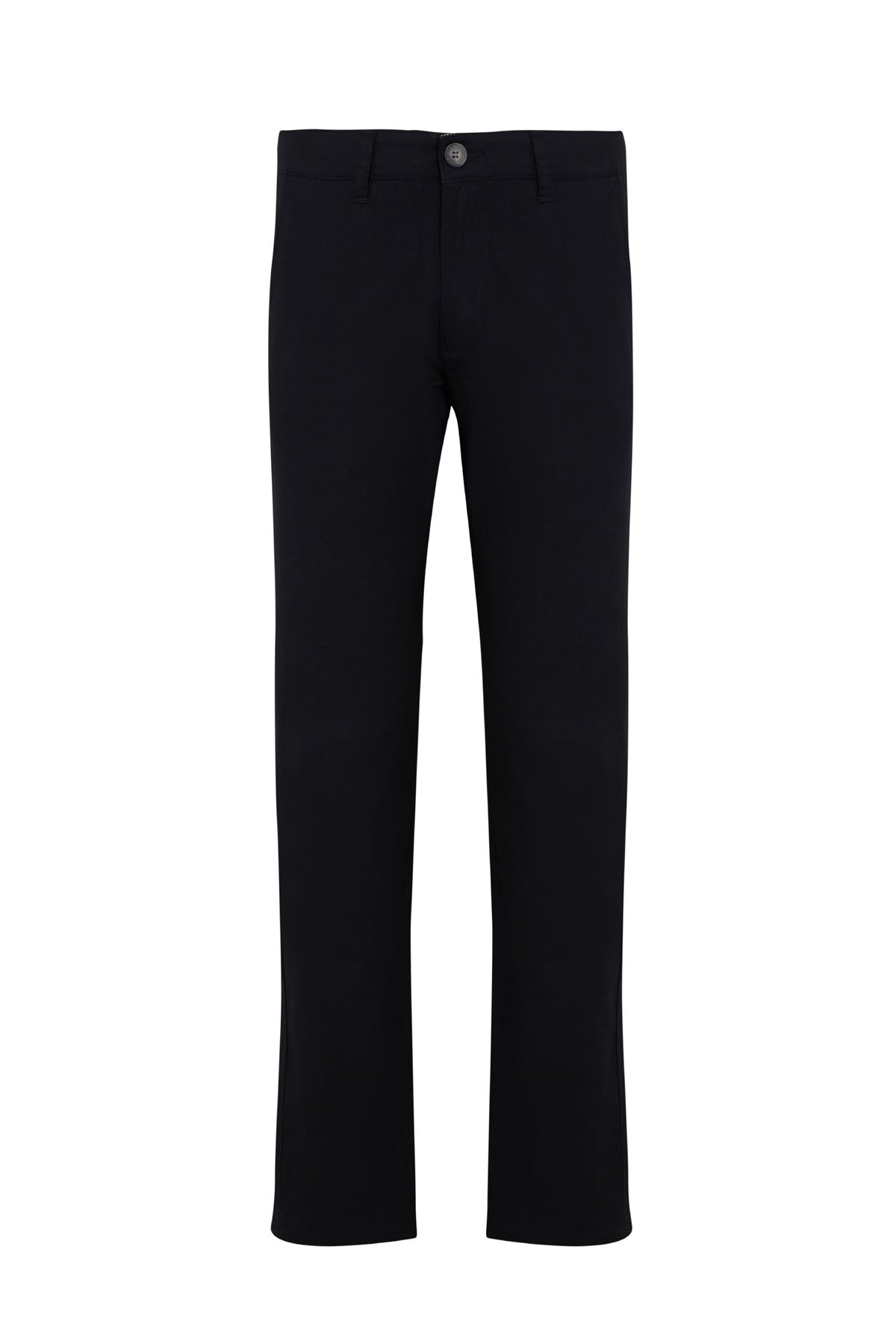 Black straight-leg trousers with a sleek, tailored fit and a single button closure at the waist.