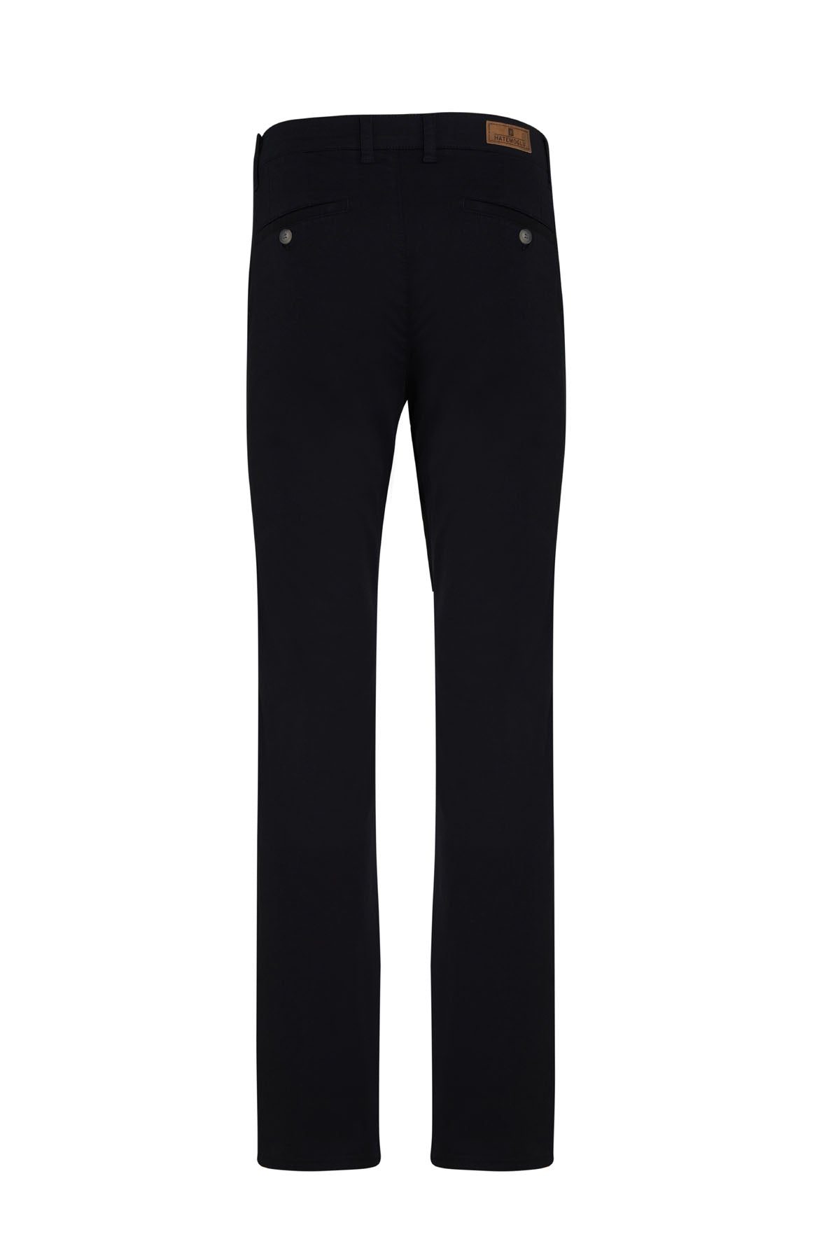 Black straight-leg trousers with a brown leather brand patch at the waistband.