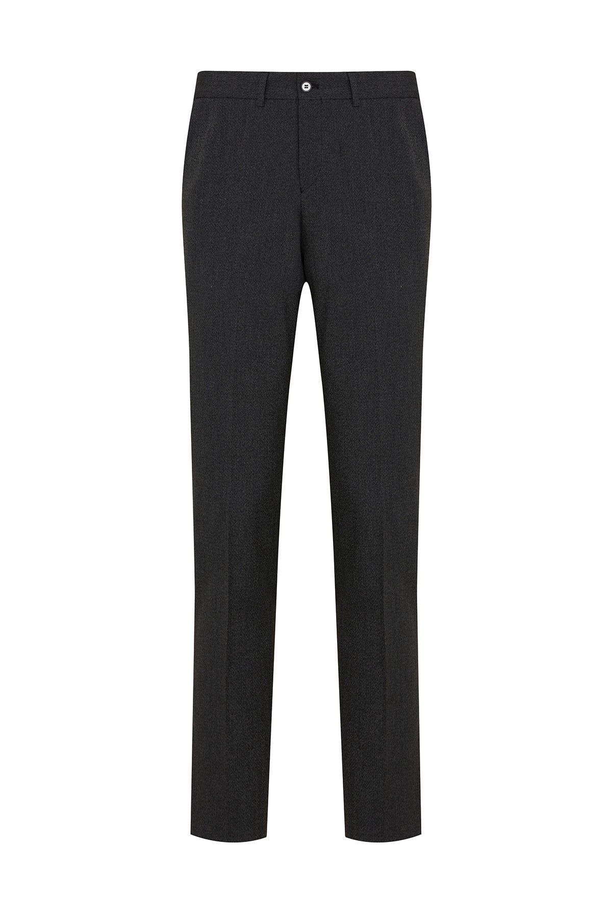 Black tailored trousers with a sleek, straight-leg cut and subtle texture.