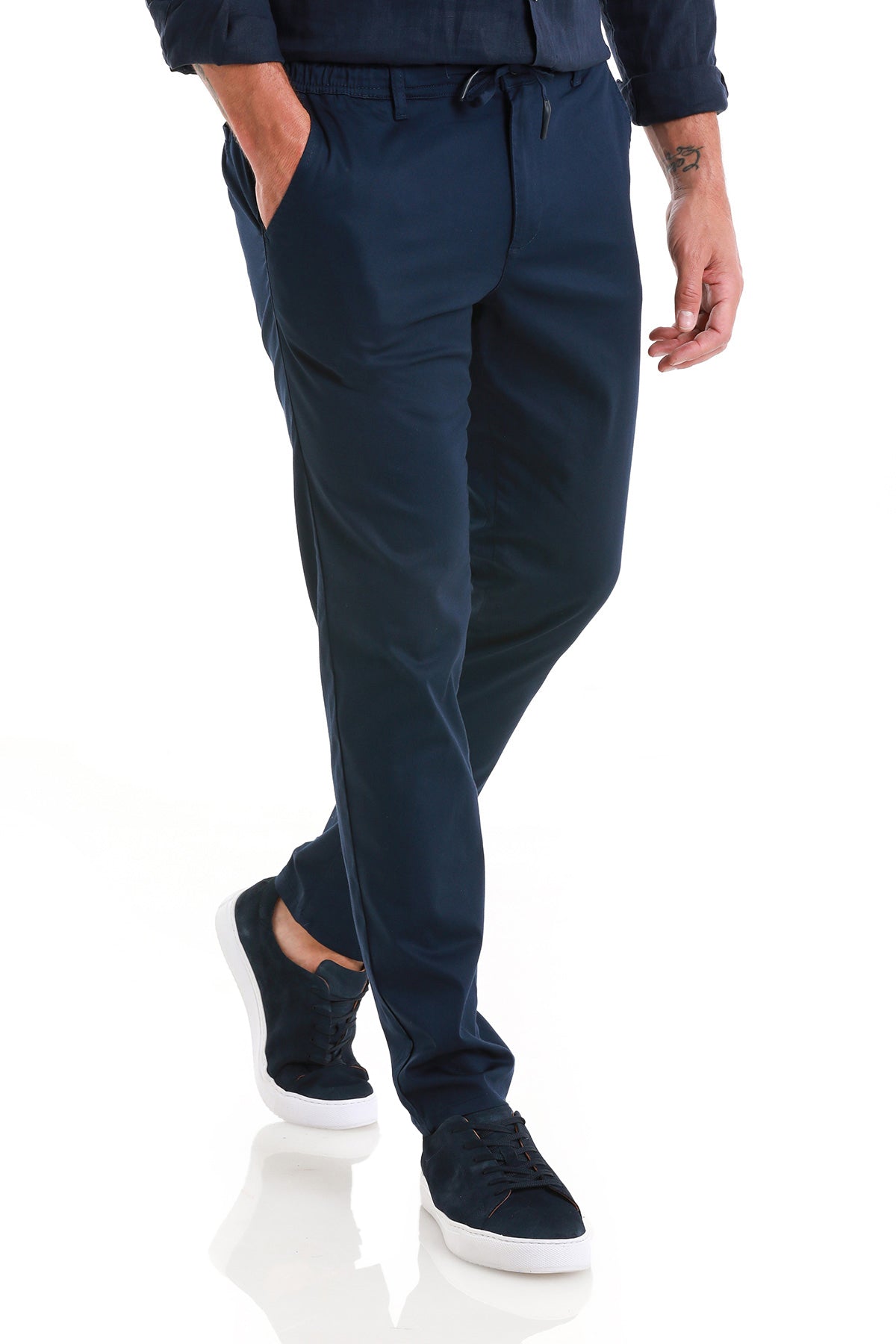 Navy blue tapered chino pants with drawstring waistband