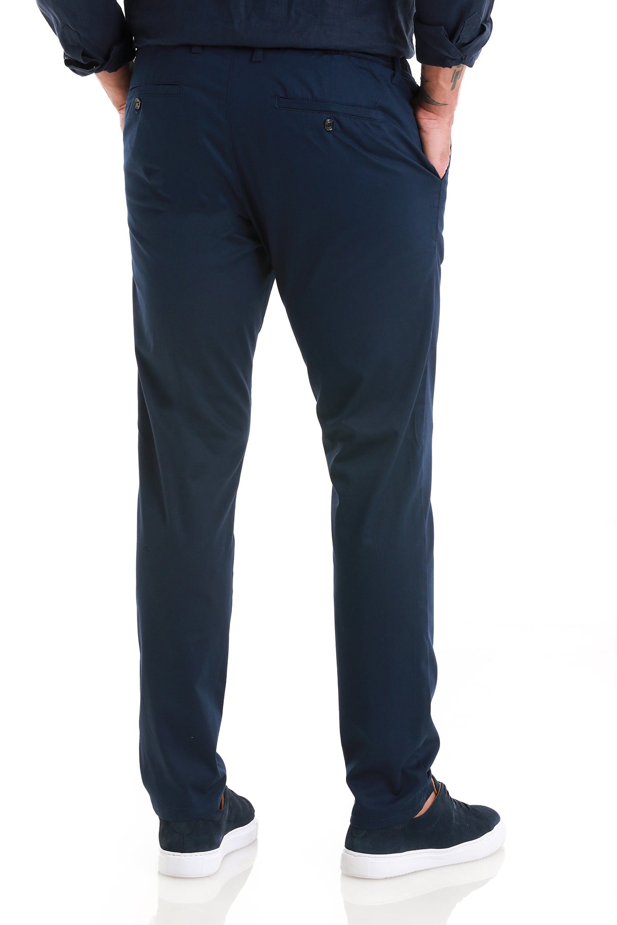 Dark navy chino pants with a sleek, tailored fit and subtle stitching details.