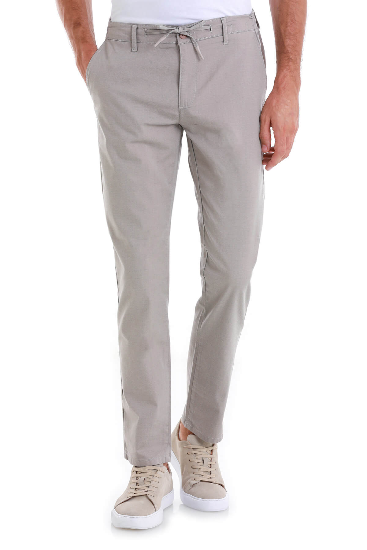 Beige chino trousers with a drawstring waistband and slim fit.