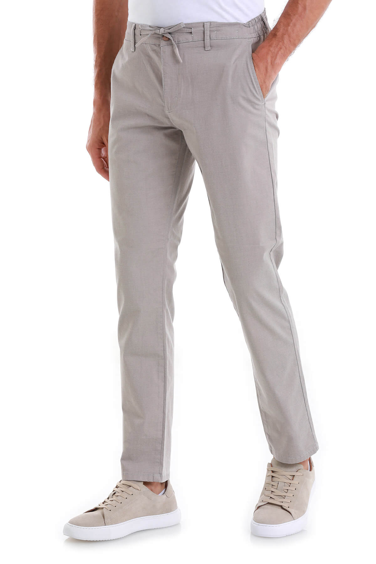 Beige chino pants with a drawstring waistband and subtle side seam stitching.