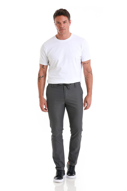Dark gray slim-fit trousers with a drawstring waistband.