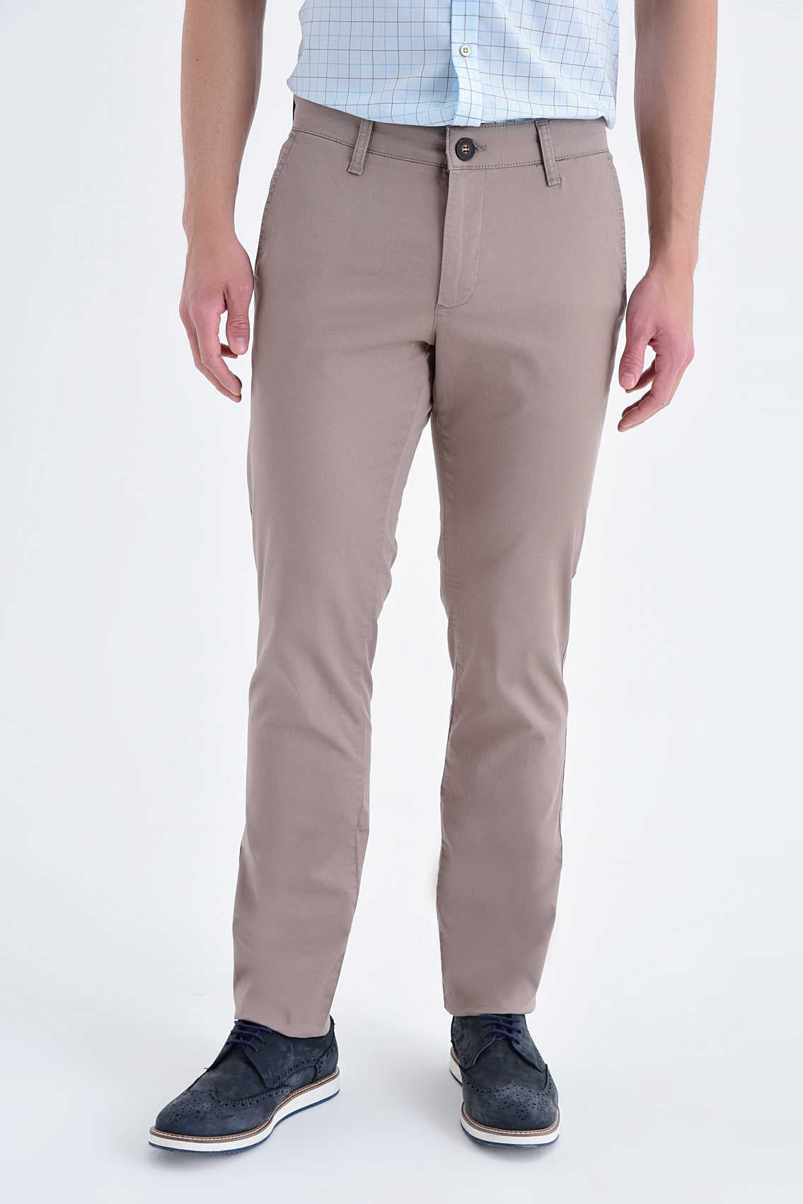 Beige cotton casual pants with regular fit, low waist, side pockets, and subtle creases in classic chino style