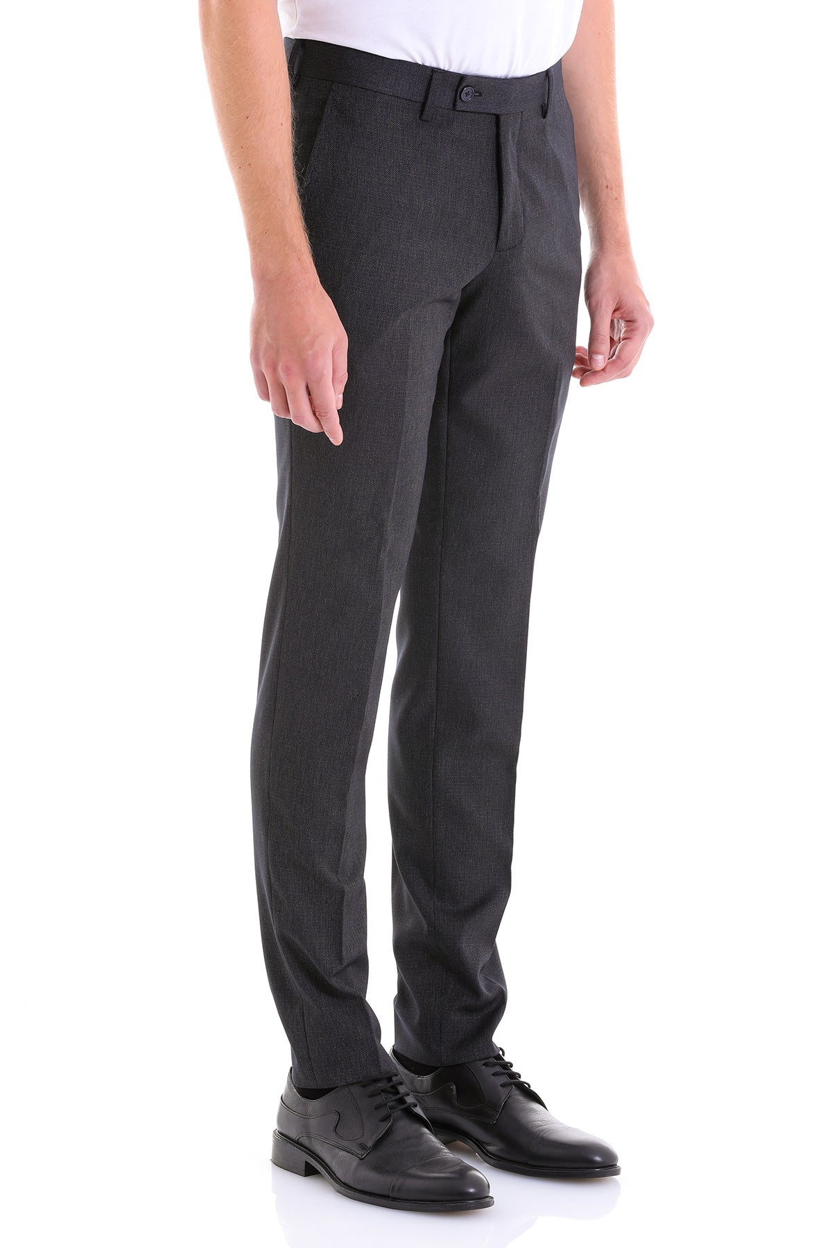 Black tailored suit pants with a subtle textured weave and classic front button closure.