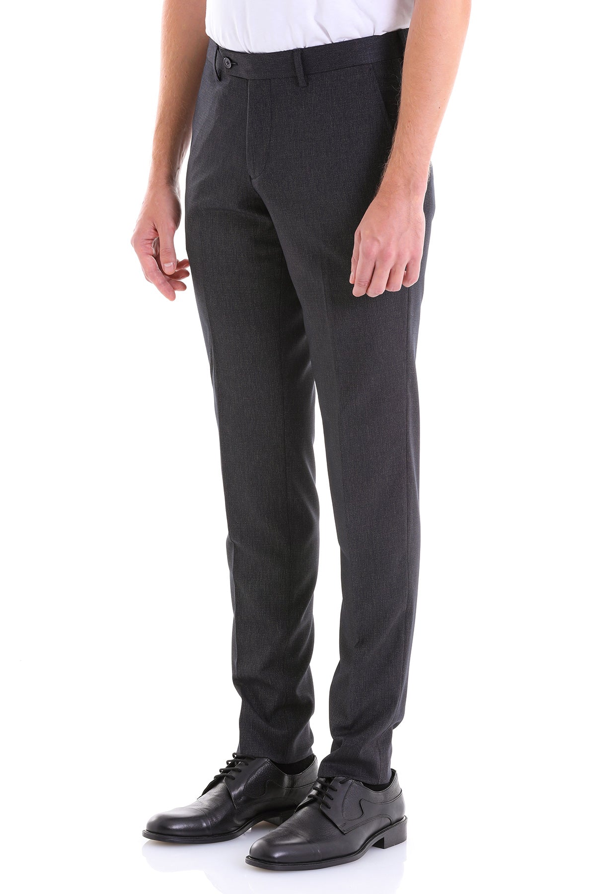 Black tailored trousers with a sleek, straight-leg cut and subtle texture.