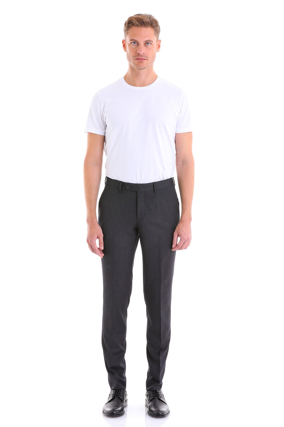 Black tailored trousers with a sleek, modern cut and subtle creasing.