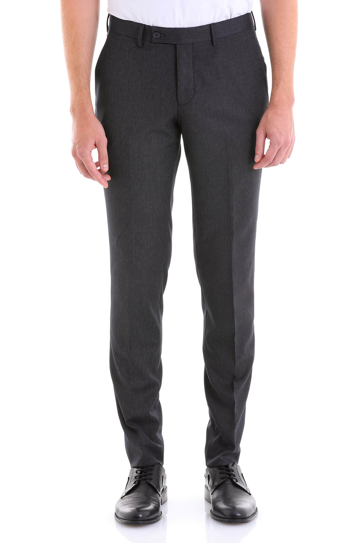 Black tailored suit pants with a subtle textured weave and classic five-pocket design.