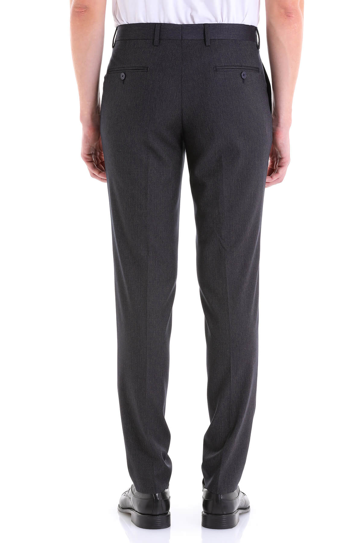 Black dress pants with a subtle pinstripe pattern and a tailored fit.