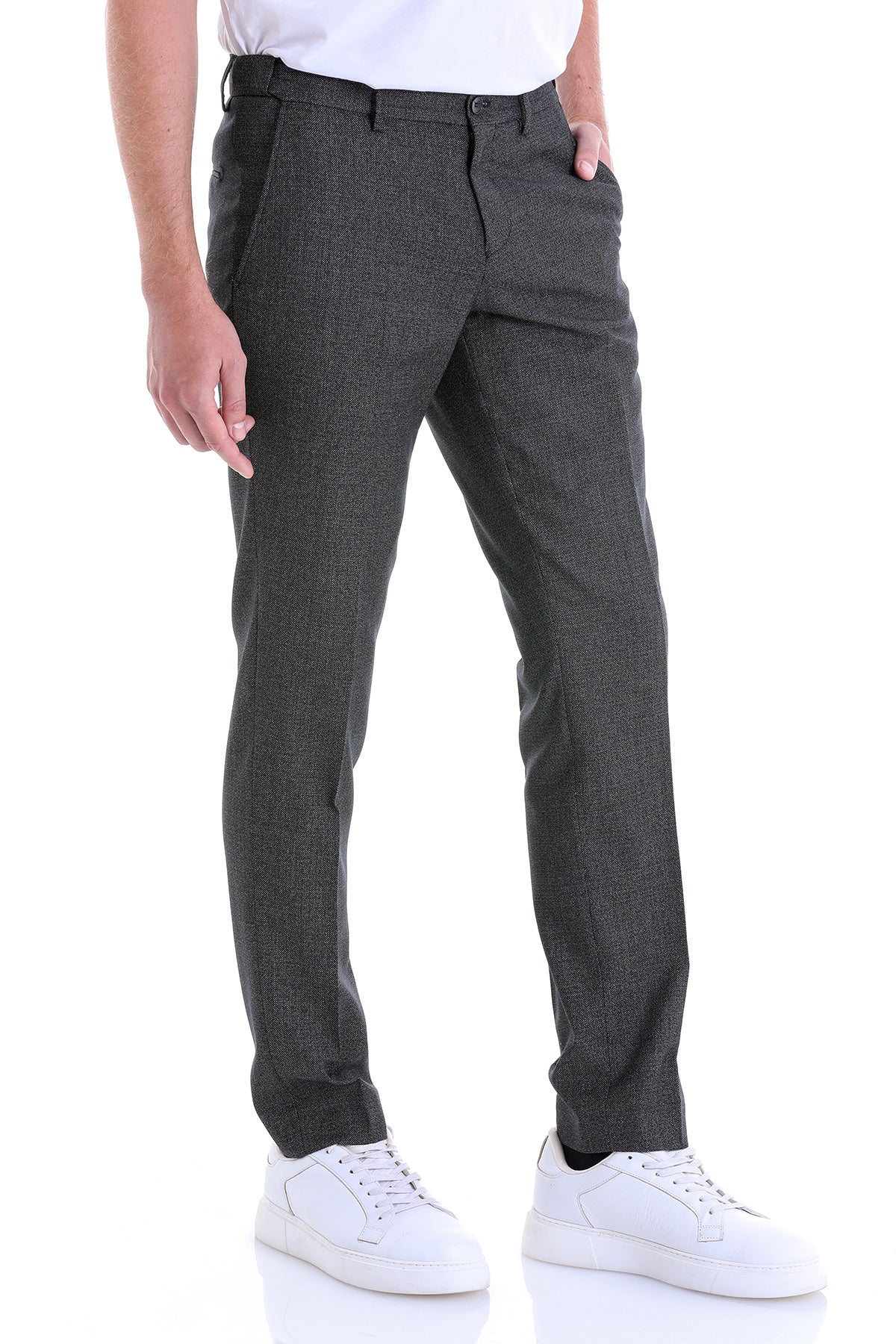 Regular Fit Side Pocket Textured Black Dress Pants - SAYKI