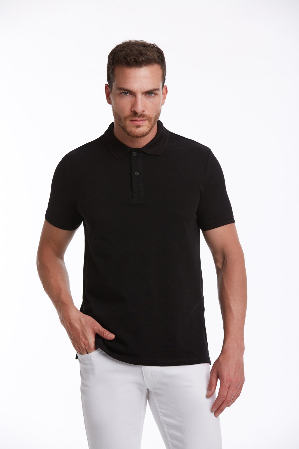 Regular Fit Solid Black Cotton Polo T-Shirt - SAYKI