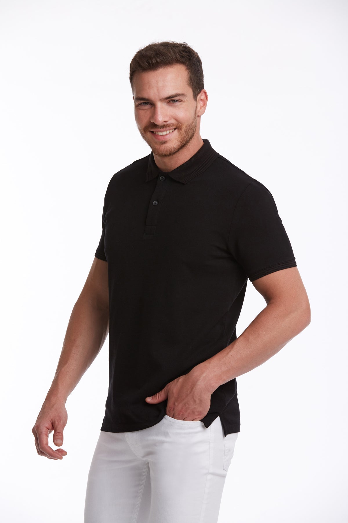 Regular Fit Solid Black Cotton Polo T-Shirt - SAYKI