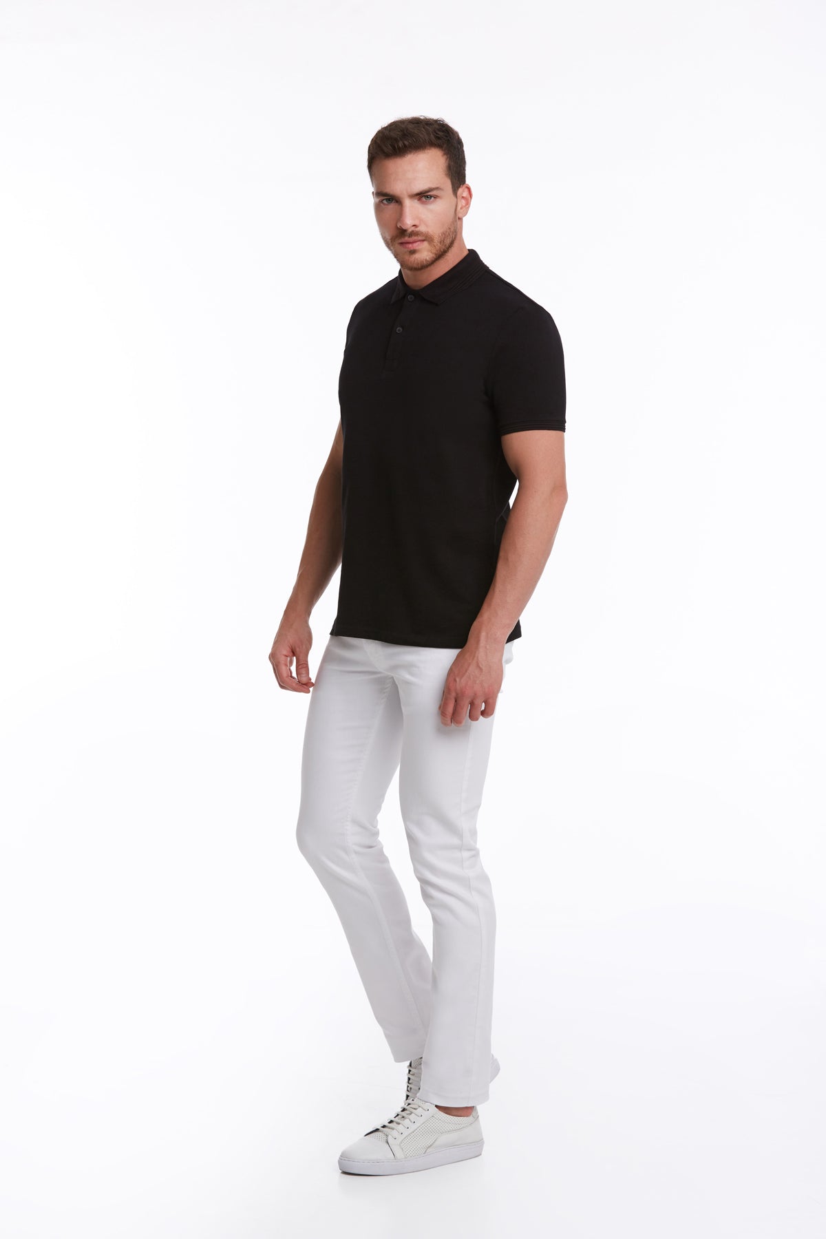 Regular Fit Solid Black Cotton Polo T-Shirt - SAYKI