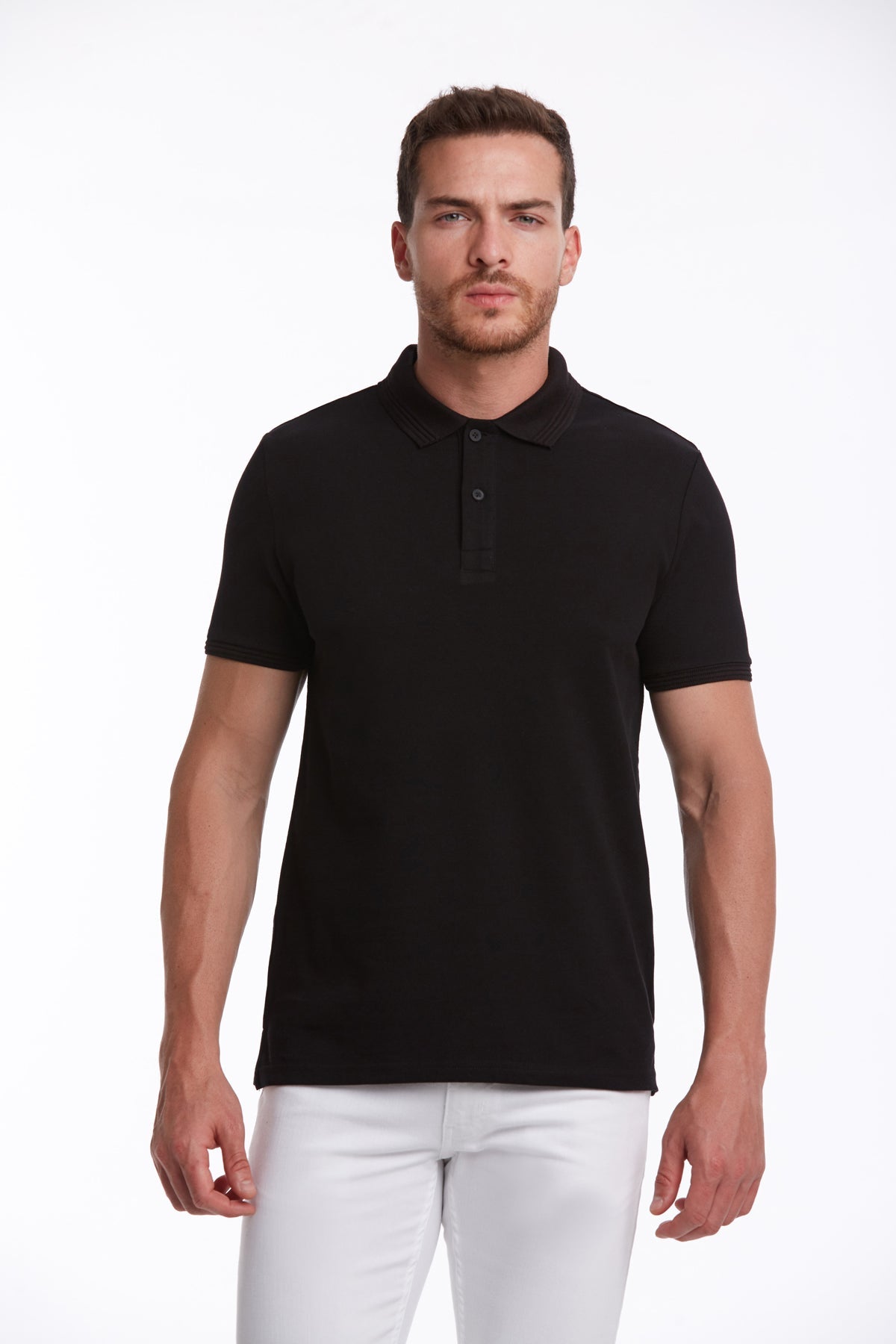 Regular Fit Solid Black Cotton Polo T-Shirt - SAYKI