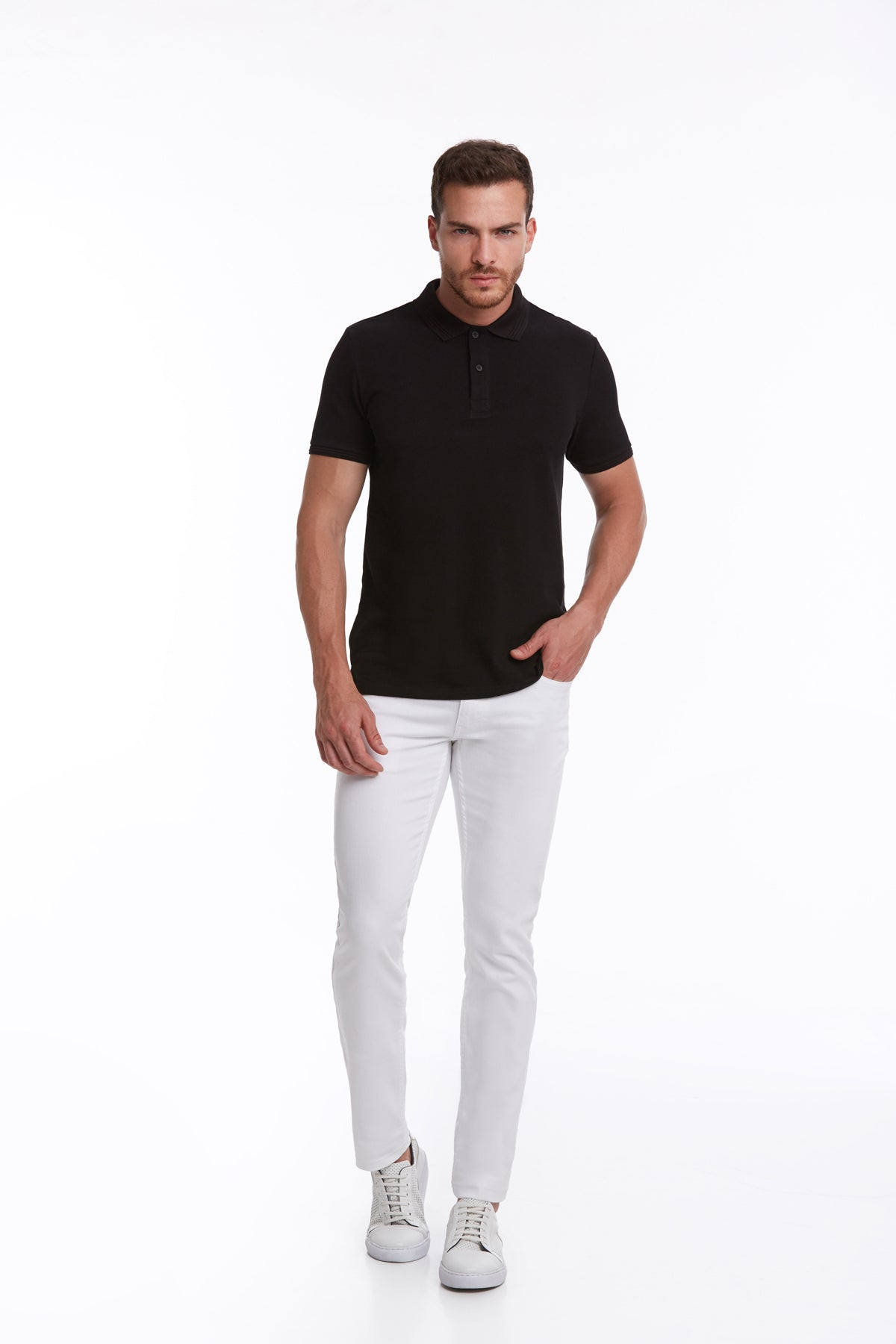 Regular Fit Solid Black Cotton Polo T-Shirt - SAYKI