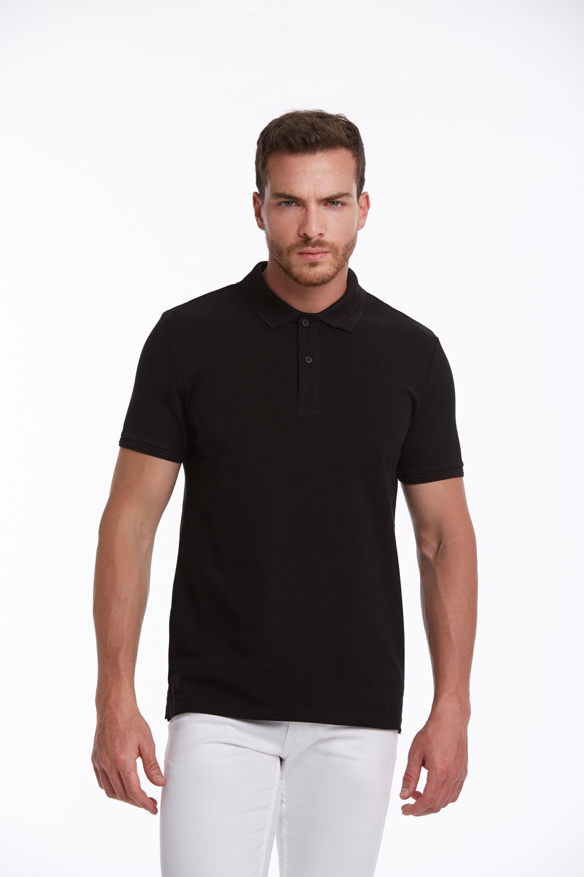 Regular Fit Solid Black Cotton Polo T-Shirt - SAYKI