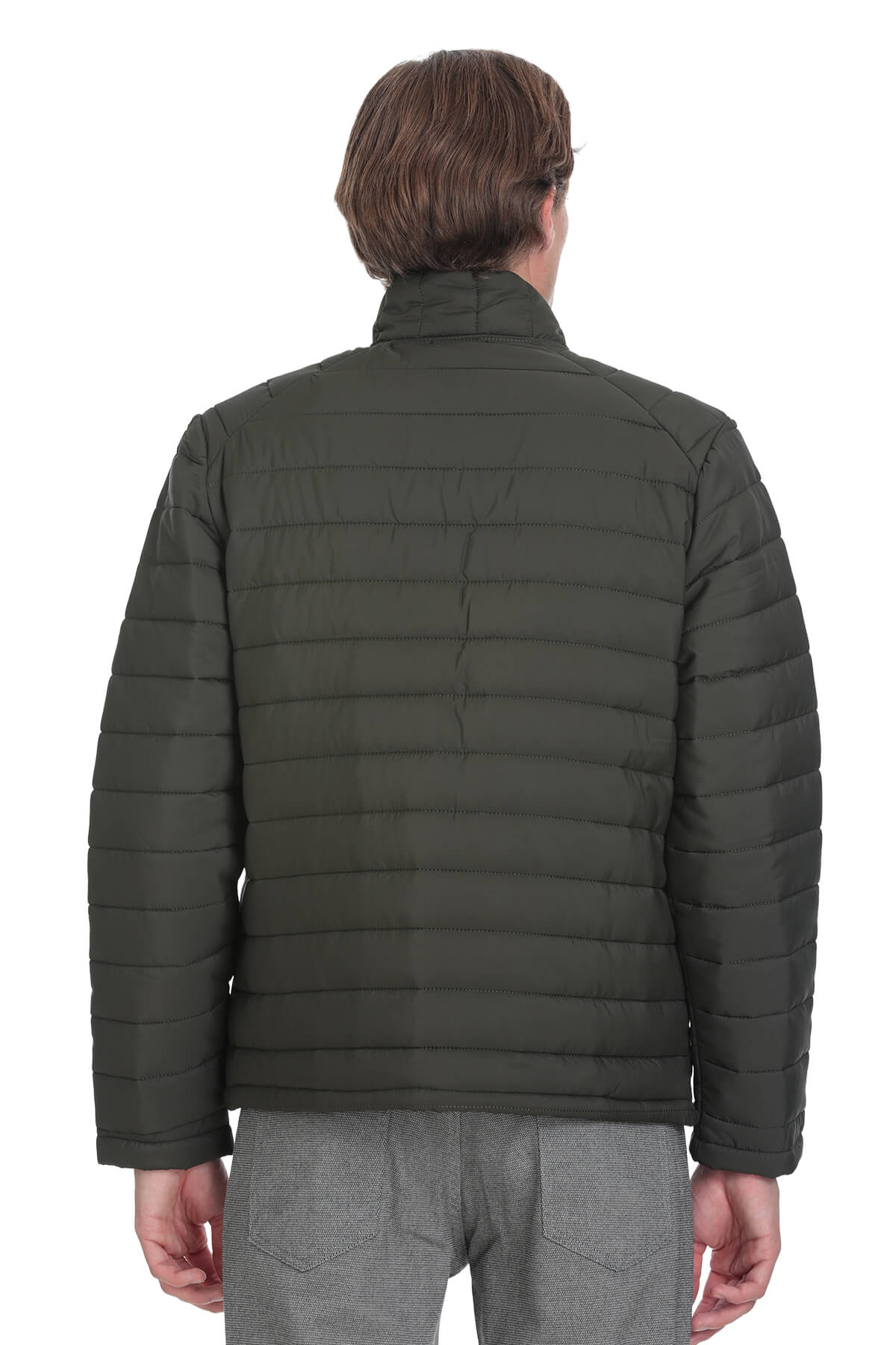 Dark olive green quilted puffer jacket with a high collar and horizontal stitching.