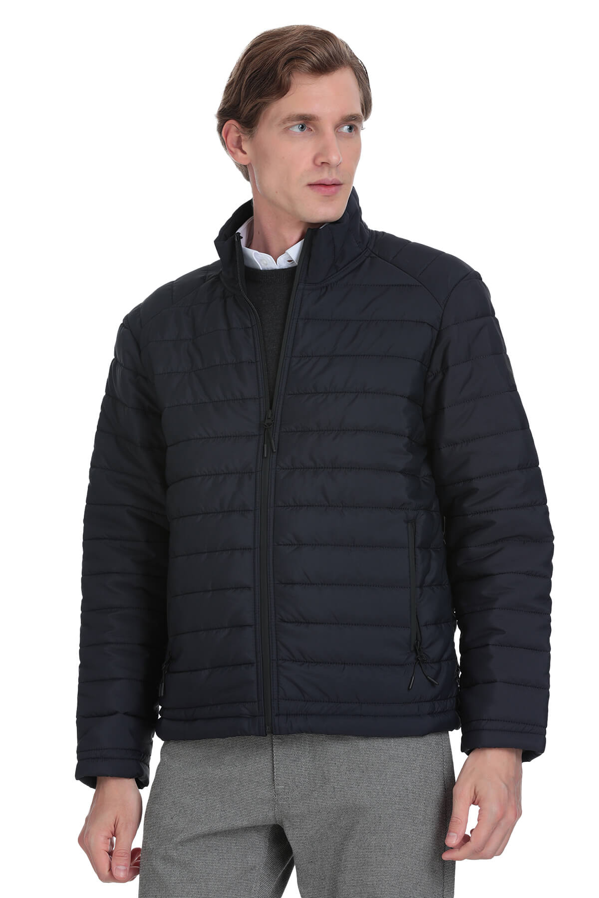 Black quilted puffer jacket with a high collar and front zipper.