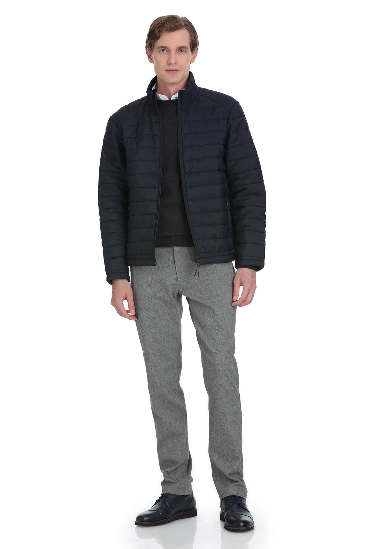 Navy blue quilted puffer jacket