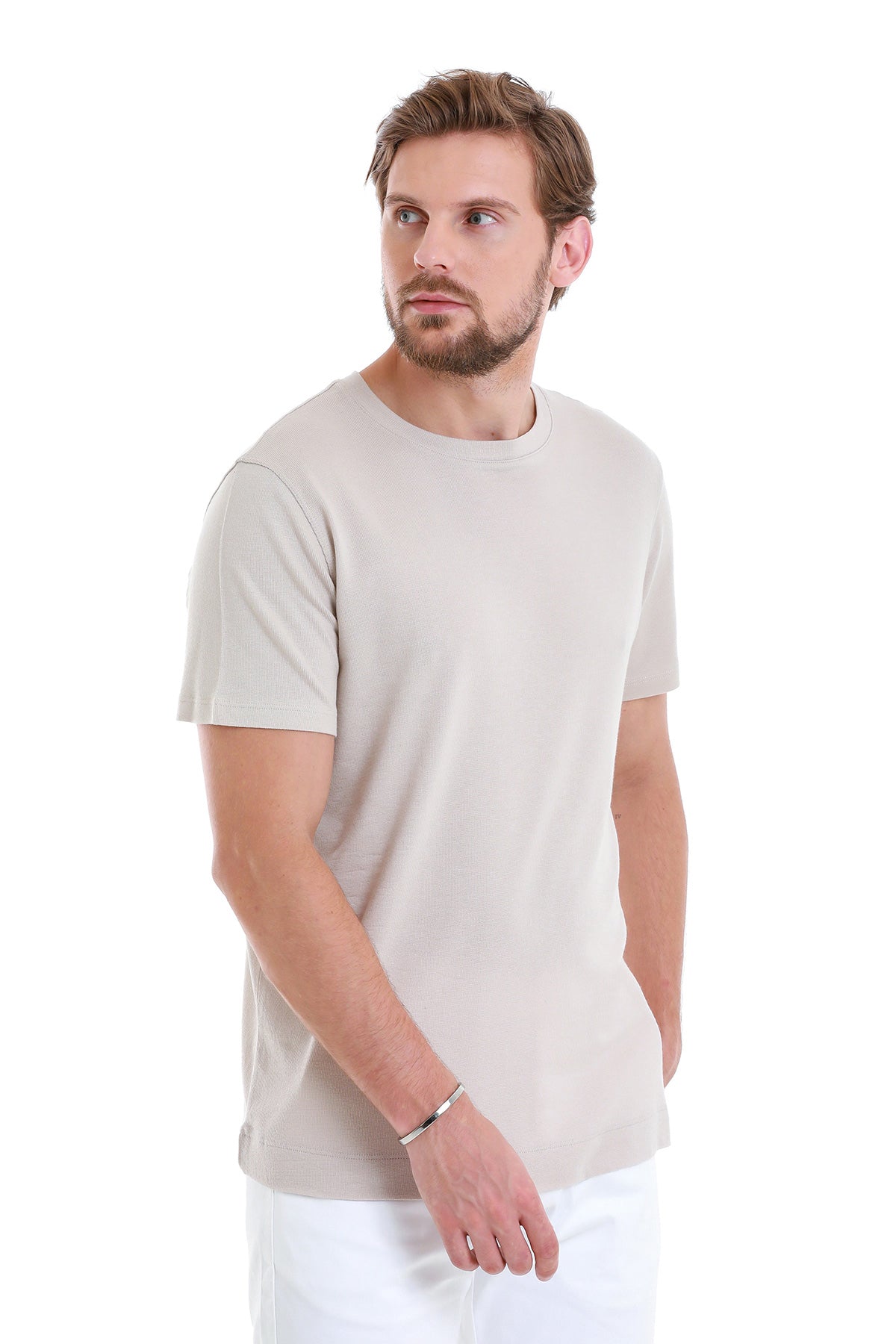 Regular Fit Stone Cotton Blend Crew Neck T-Shirt - SAYKI