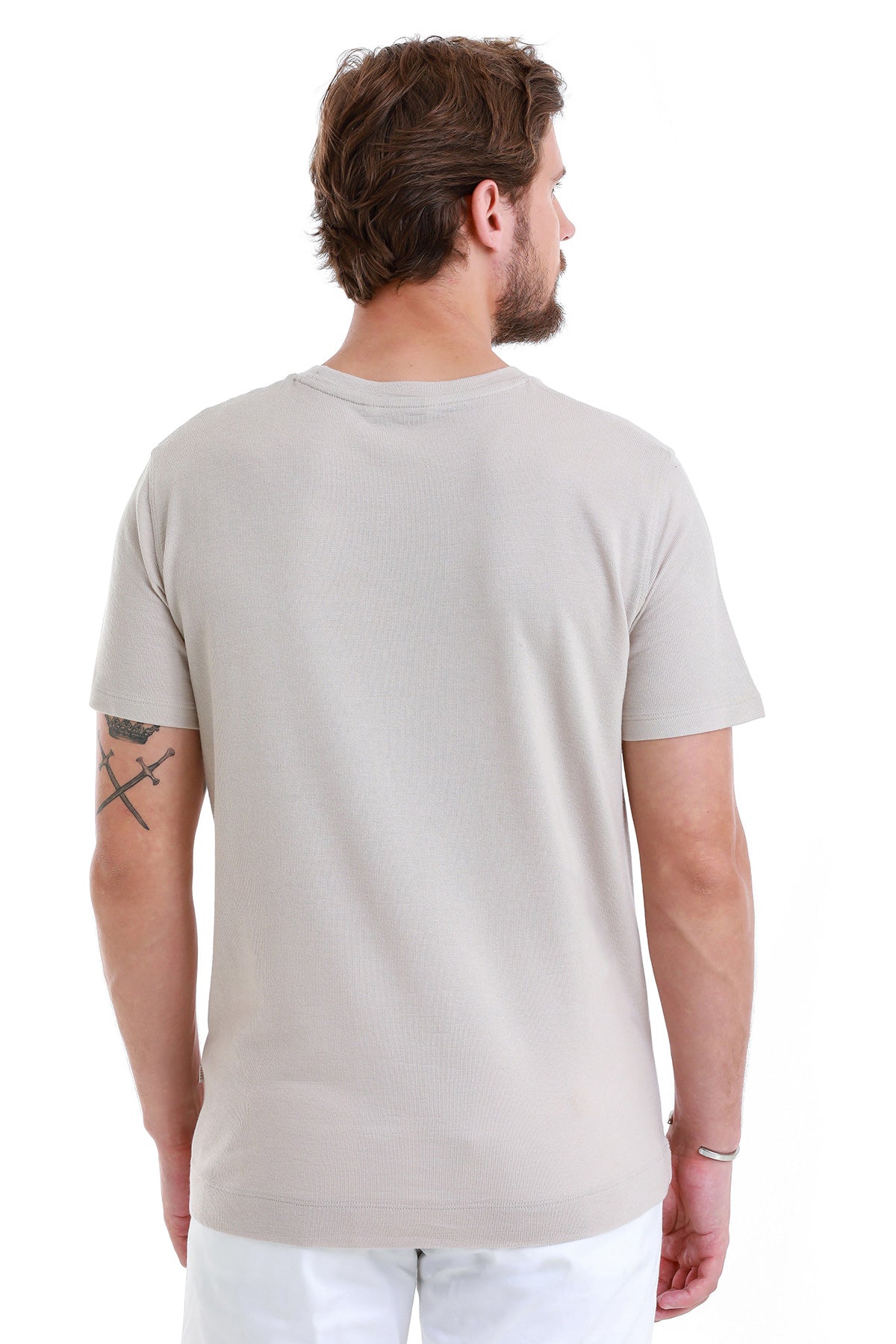 Regular Fit Stone Cotton Blend Crew Neck T-Shirt - SAYKI