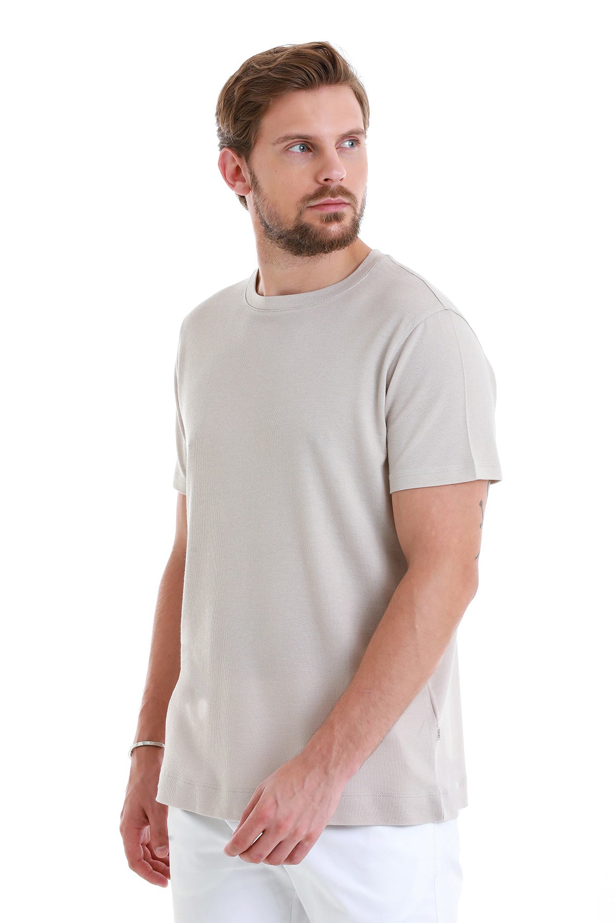 Regular Fit Stone Cotton Blend Crew Neck T-Shirt - SAYKI