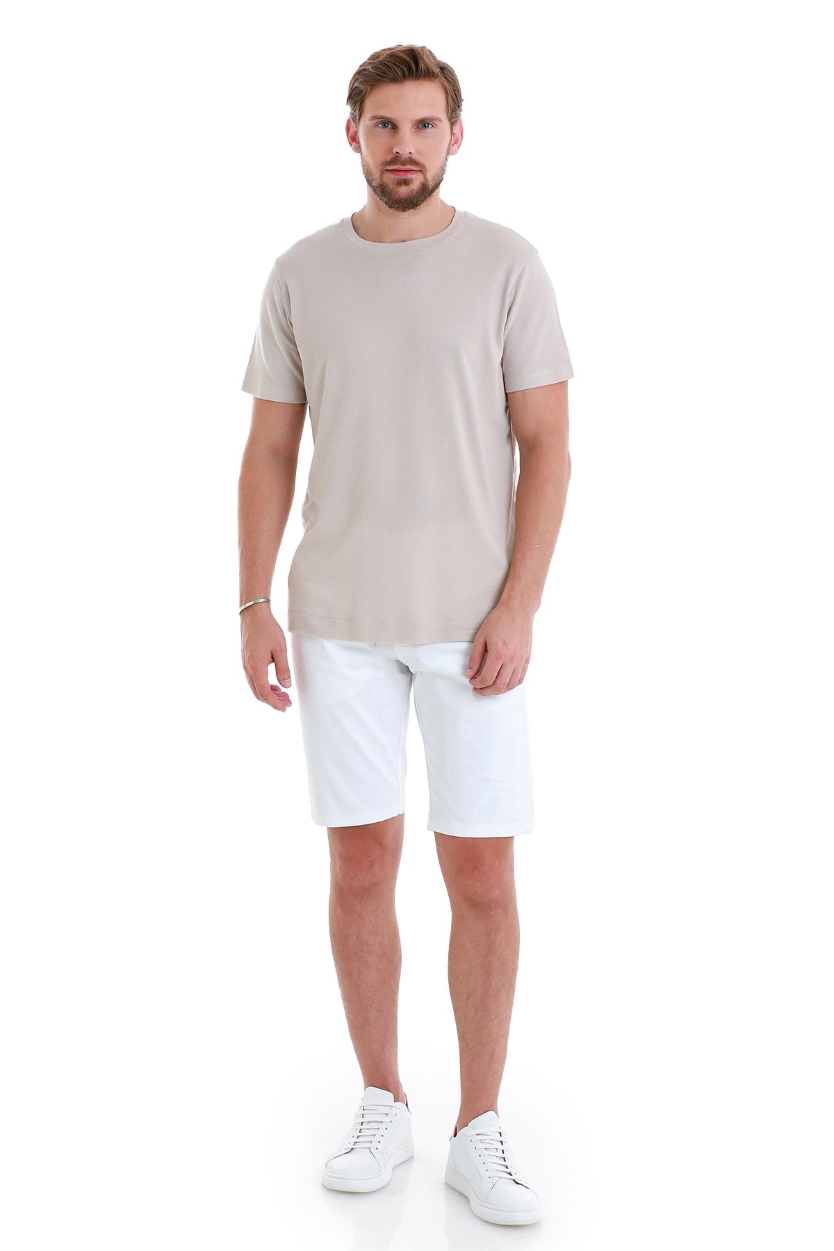 Regular Fit Stone Cotton Blend Crew Neck T-Shirt - SAYKI