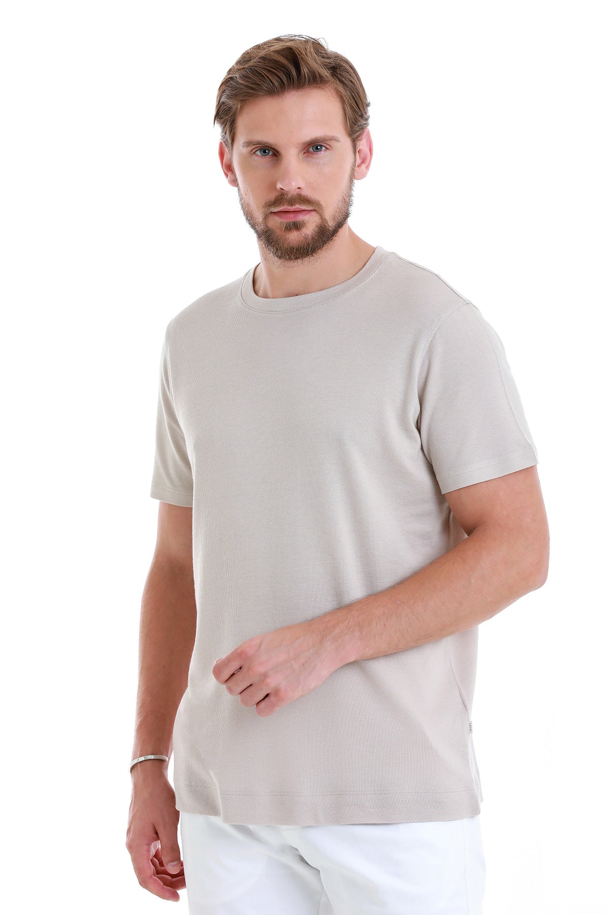 Regular Fit Stone Cotton Blend Crew Neck T-Shirt - SAYKI