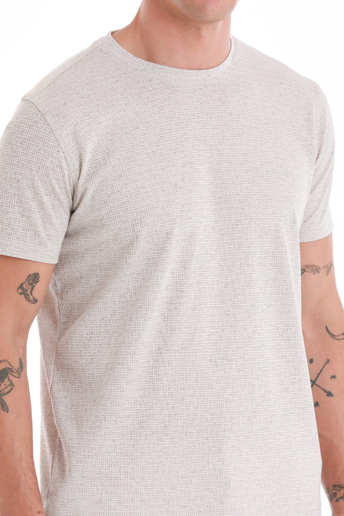 Regular Fit Stone Jacquard Cotton-Linen Blend Crewneck