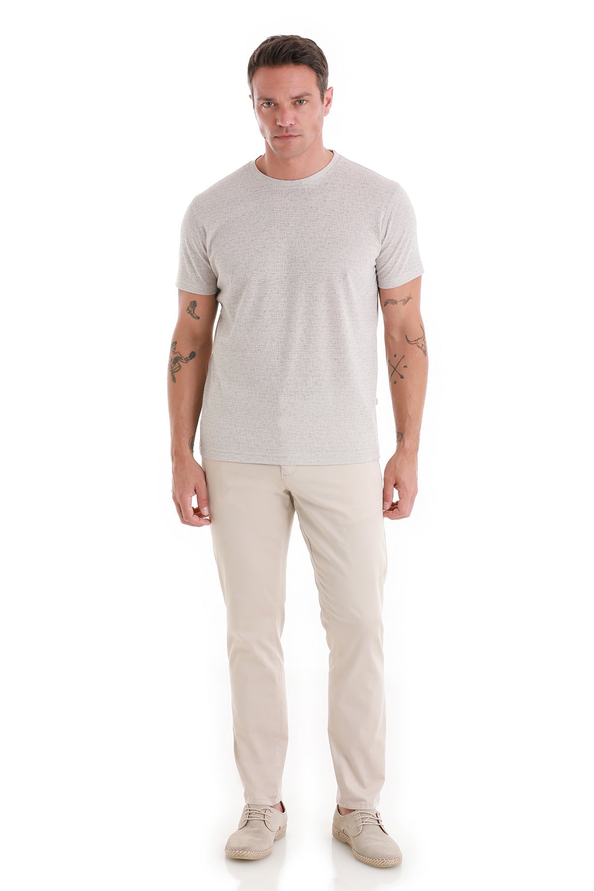 Regular Fit Stone Jacquard Cotton-Linen Blend Crewneck