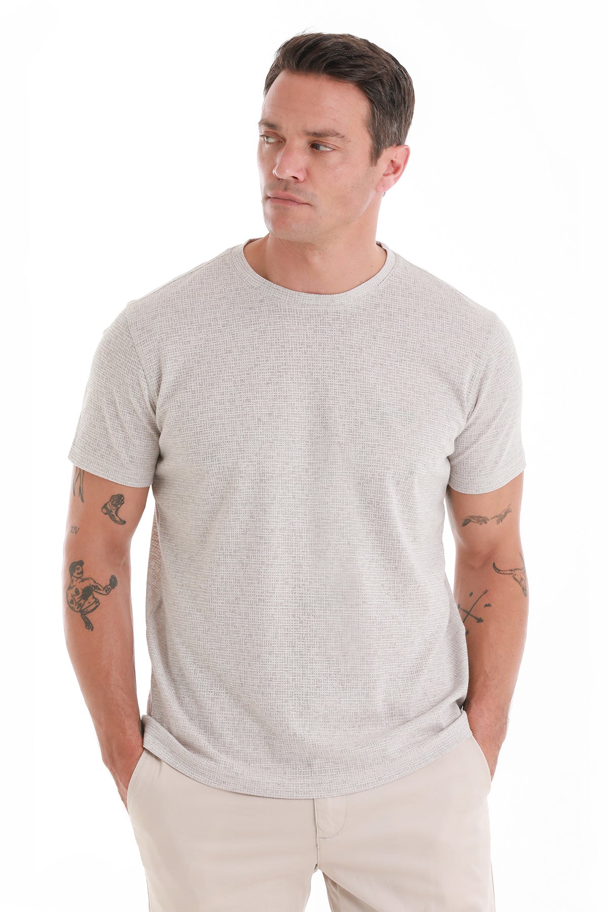 Regular Fit Stone Jacquard Cotton-Linen Blend Crewneck