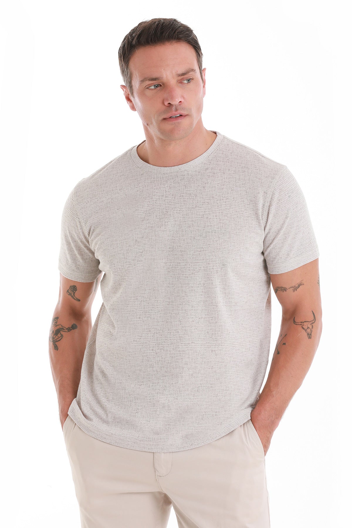 Regular Fit Stone Jacquard Cotton-Linen Blend Crewneck