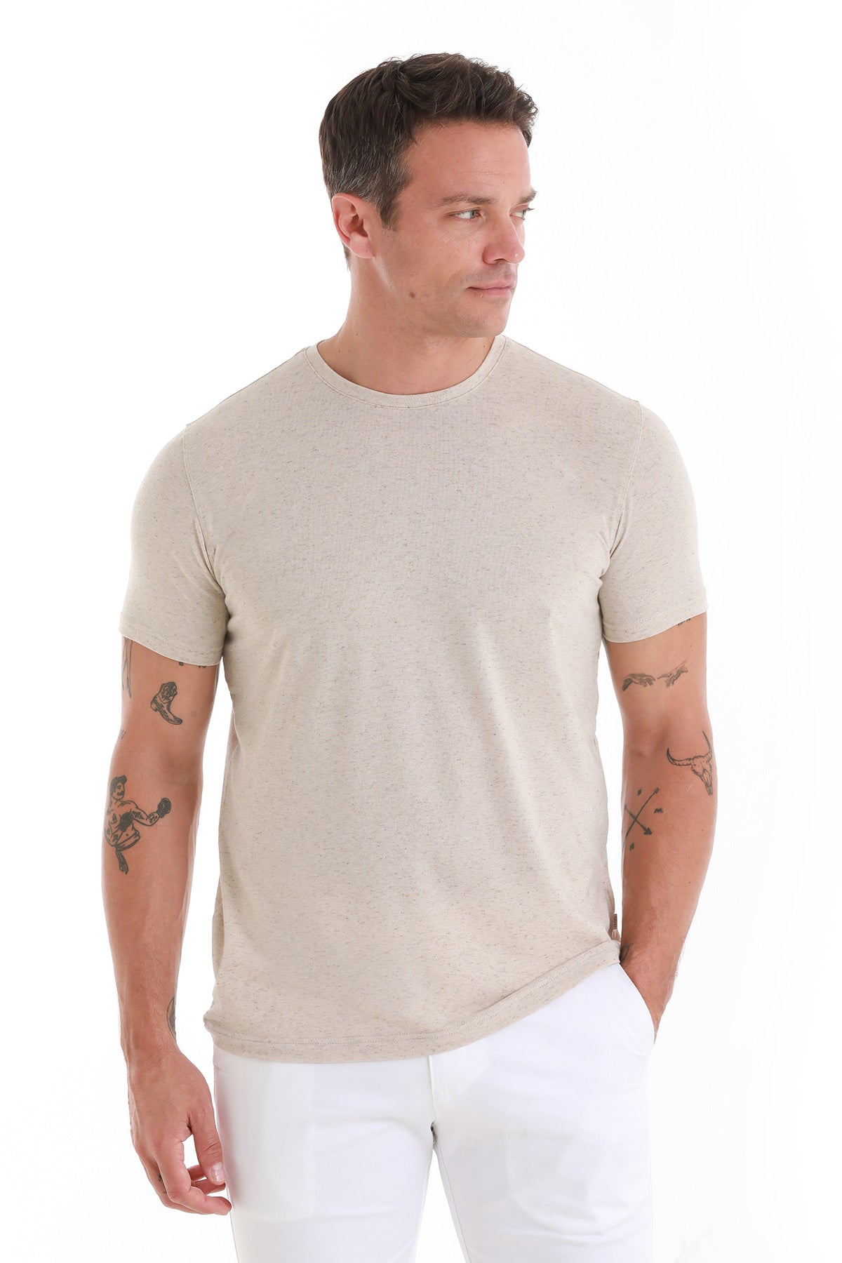 Regular Fit Stone Linen-Blend Crewneck T-Shirt - SAYKI