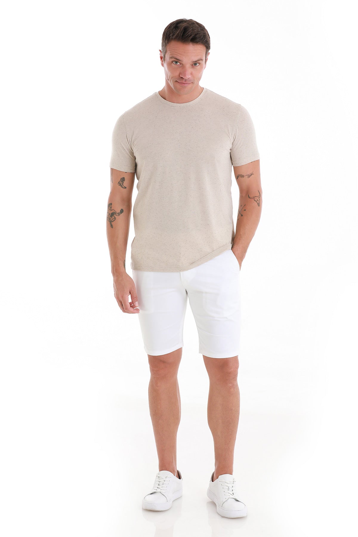 Regular Fit Stone Linen-Blend Crewneck T-Shirt - SAYKI