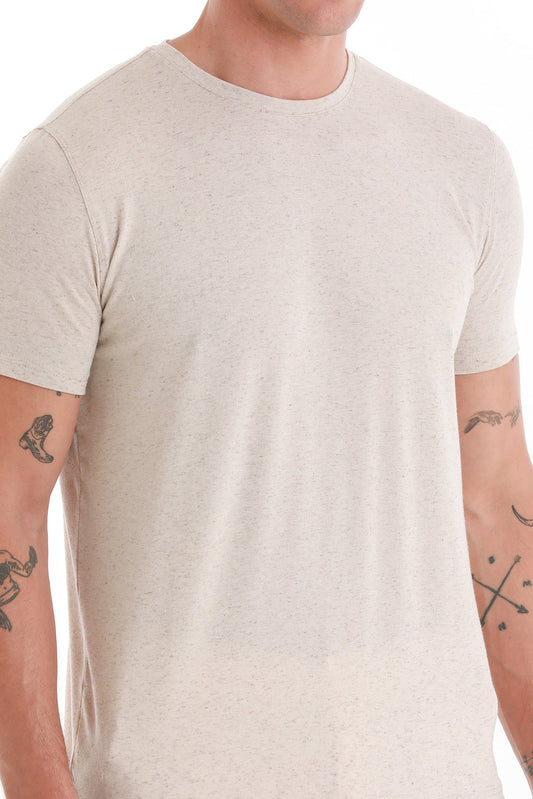 A soft, heathered off-white cotton t-shirt with a classic crew neck and short sleeves.