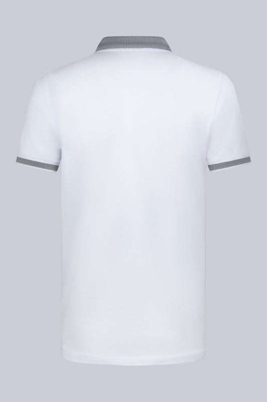 White polo shirt with gray ribbed collar and sleeve cuffs.