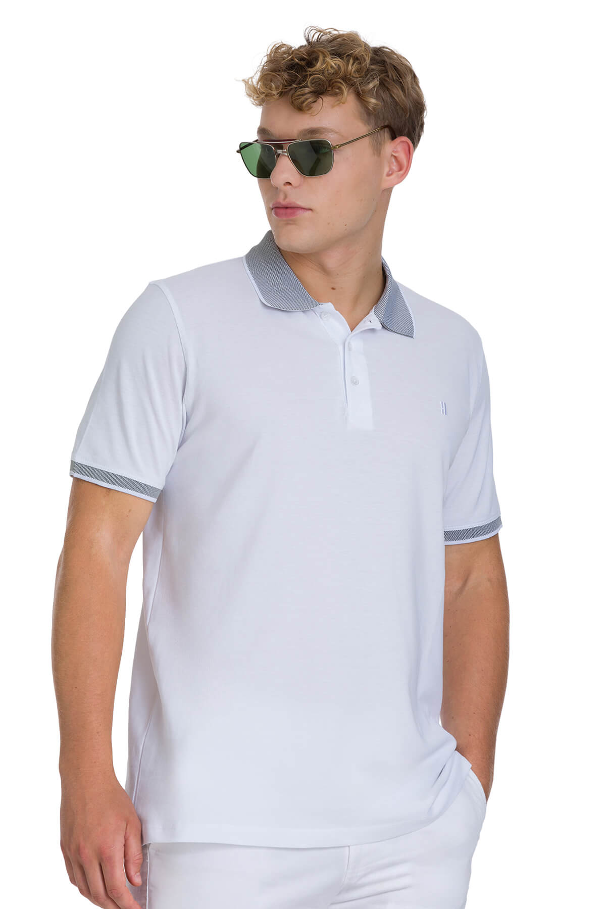 Light blue regular fit cotton polo t-shirt with gray collar and sleeve trim made of 100 percent cotton